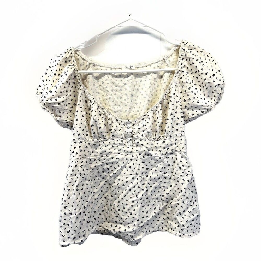 Brandy Melville white and navy/black floral babydoll/peplum top